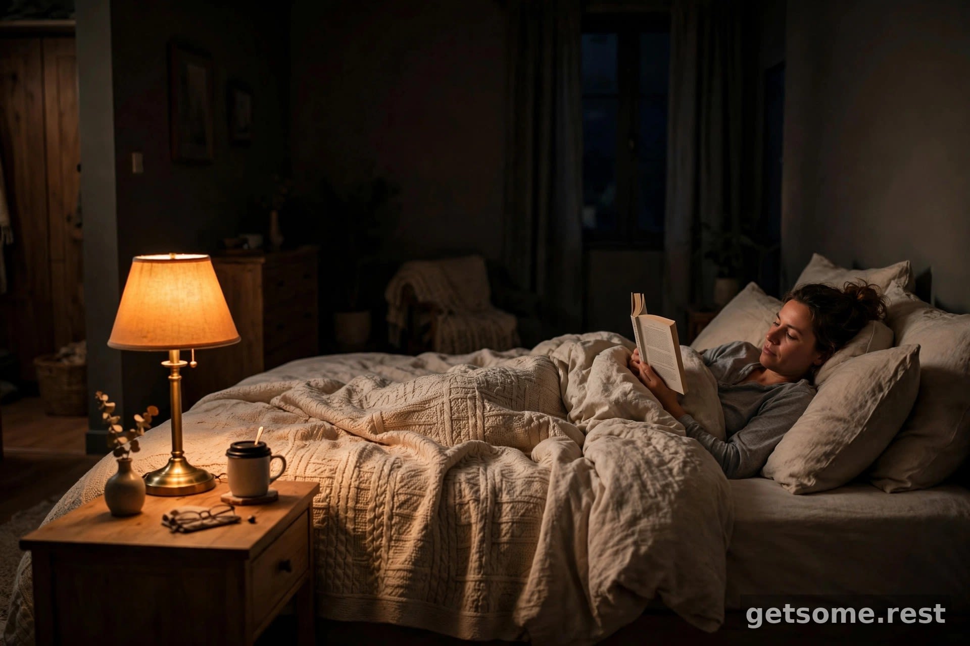 A person reading a paperback book in bed under warm lamplight at night