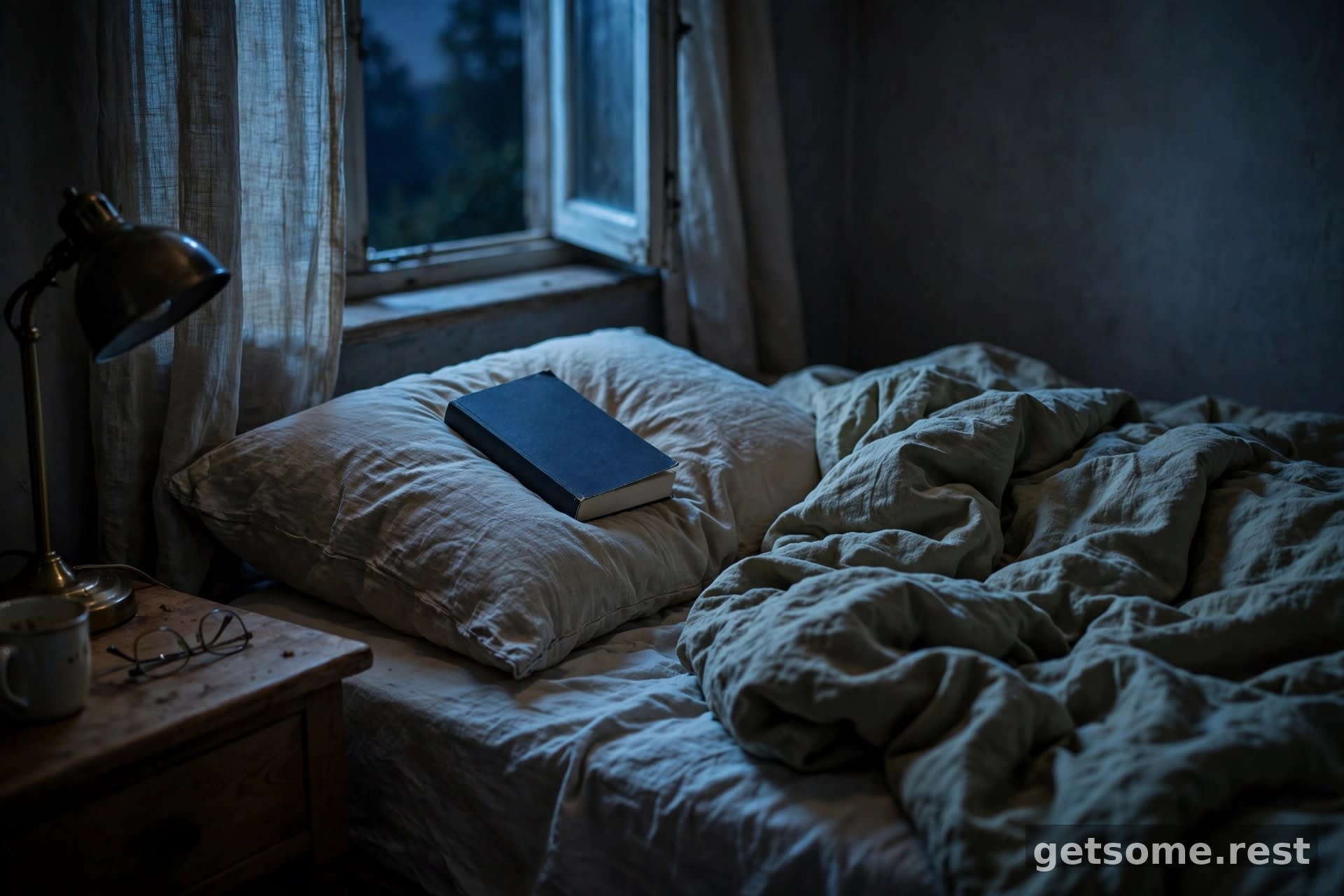 A closed book resting on a pillow in a dark bedroom lit only by moonlight after lights out