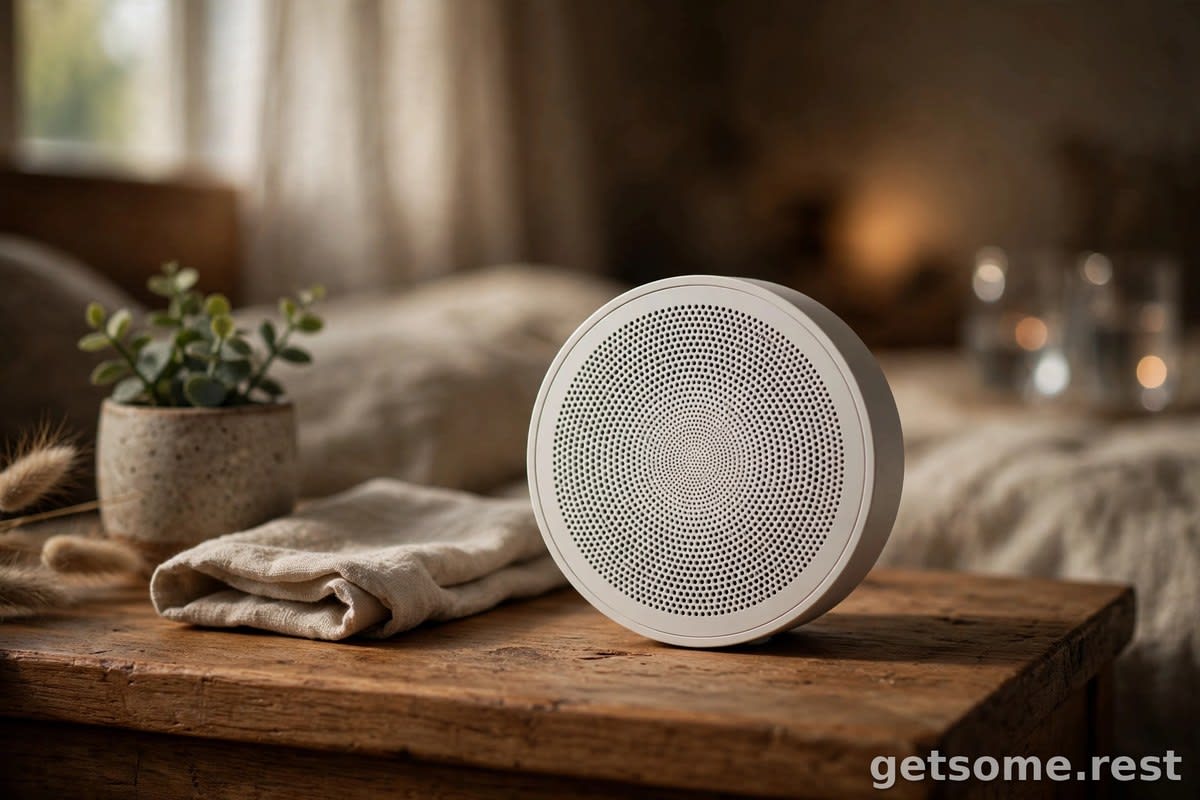 Close-up of a small circular white noise machine with textured speaker grille on a nightstand in dim warm light