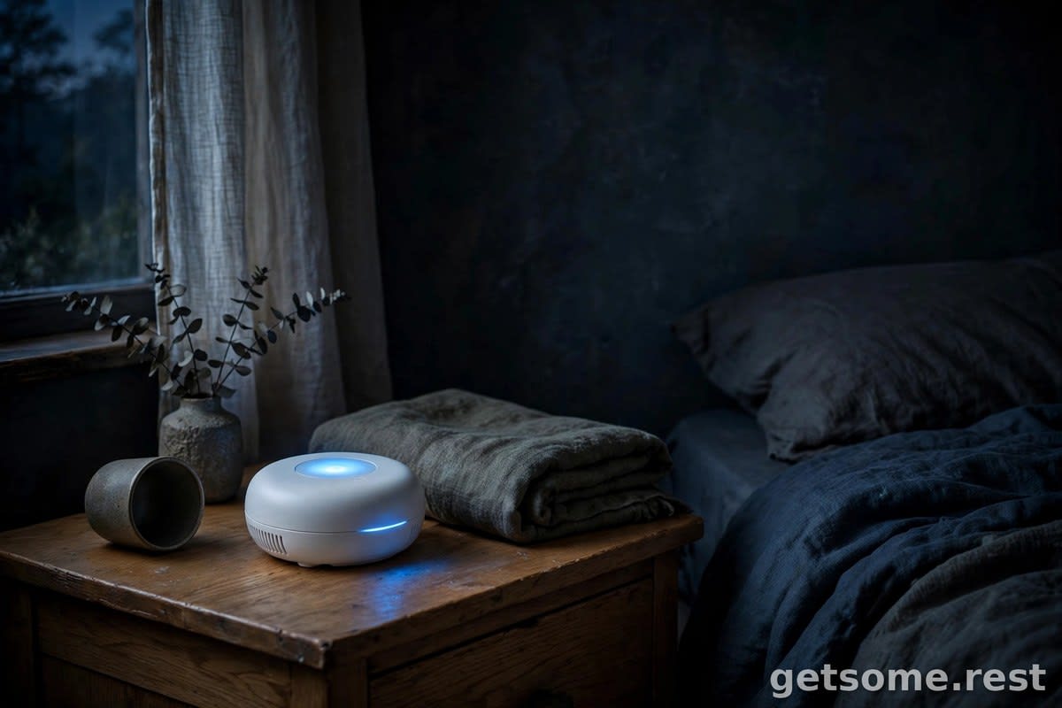Compact round white noise machine on a wooden nightstand in a dark cozy bedroom at night with soft blue glow