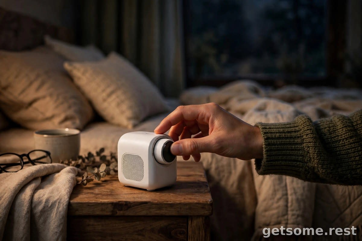Hand adjusting a small white noise machine dial on a nightstand