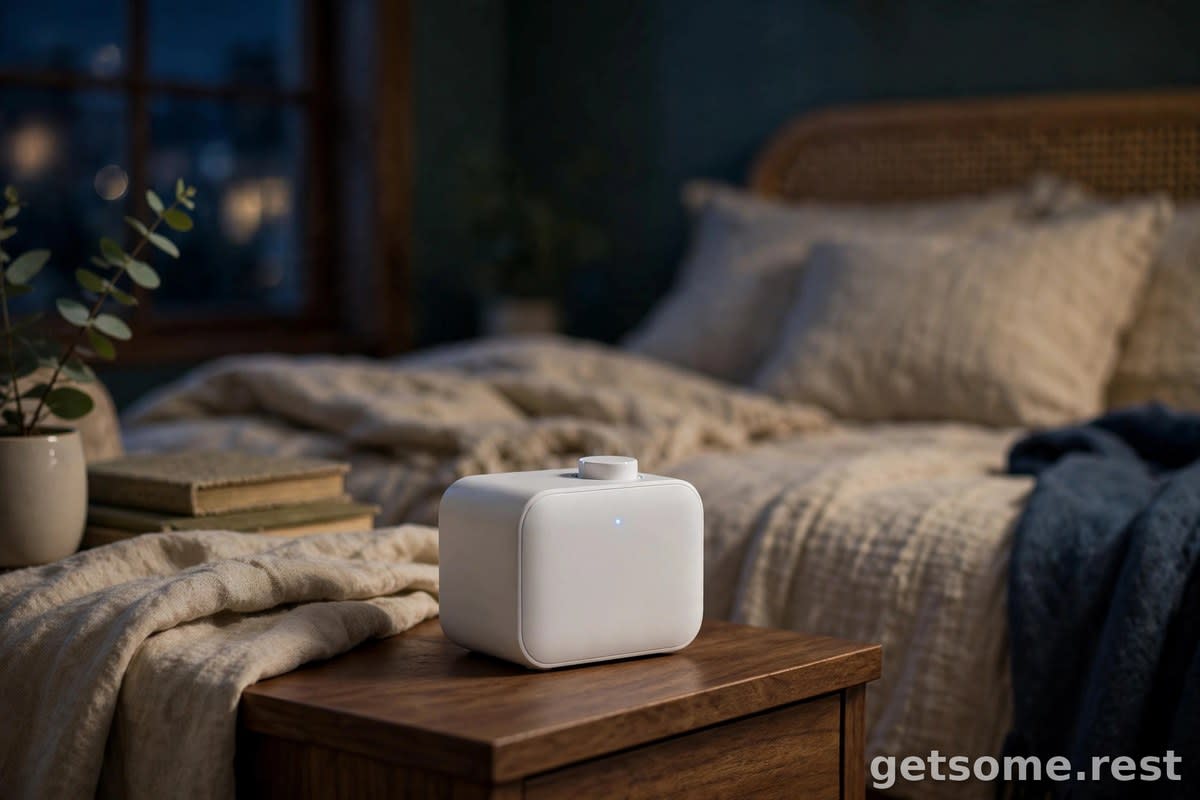 Small compact white noise machine on a nightstand in a cozy bedroom at night