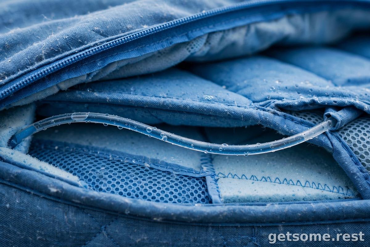 Close-up of thin water tubing inside a mattress cover, blue tones