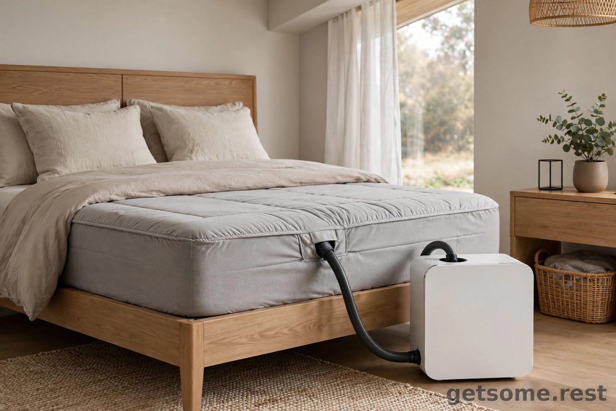 Bed fitted with a water-cooled mattress pad cover, a compact water unit beside the bed in a modern bedroom