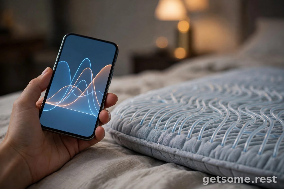 Hand holding a smartphone with a sleep temperature app beside an Eight Sleep Pod 6 mattress cover