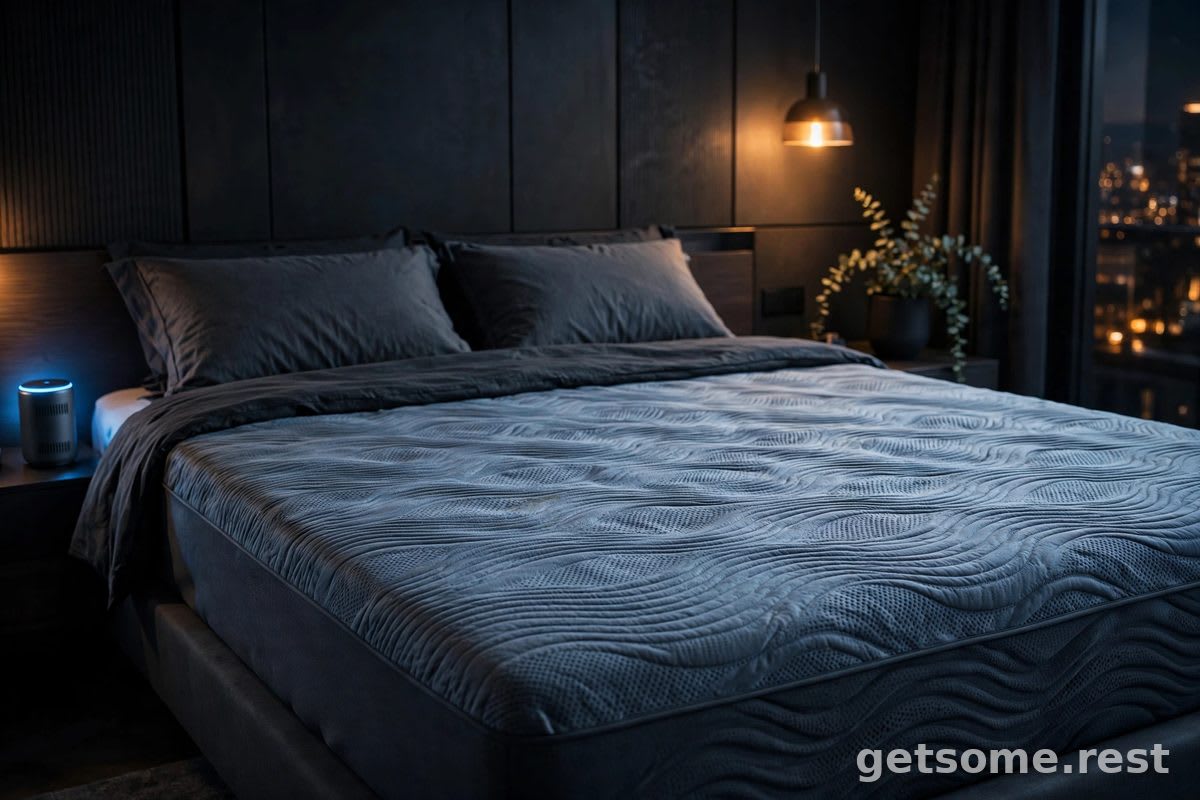 Eight Sleep Pod 6 smart temperature mattress cover on a bed in a dark modern bedroom