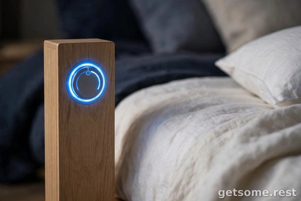 Close-up of a slim bedside unit with a glowing blue temperature dial next to a bed