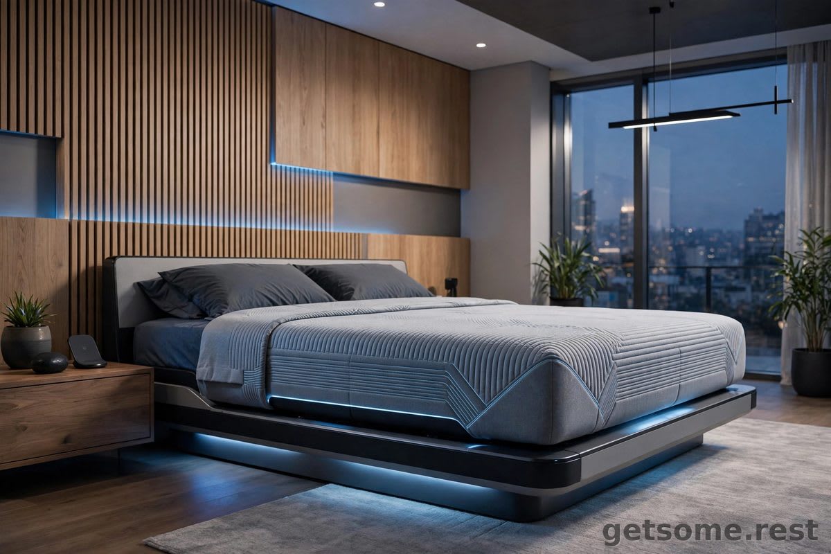 High-tech bed with a sleek cooling mattress cover in a modern bedroom, subtle blue glow accents