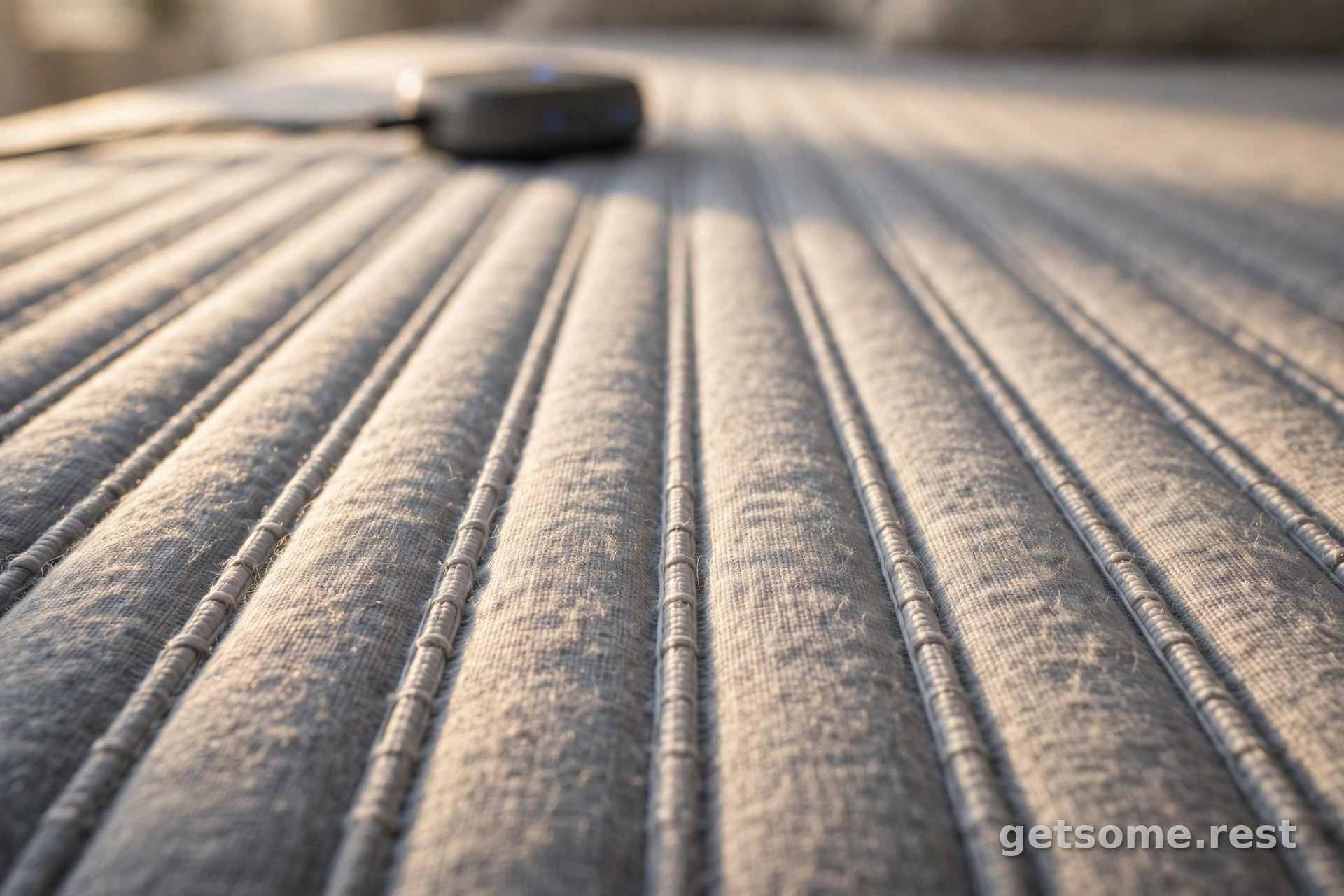 Close-up of the Eight Sleep Pod 6 smart cover with woven water circulation channels and the compact hub device blurred in the background