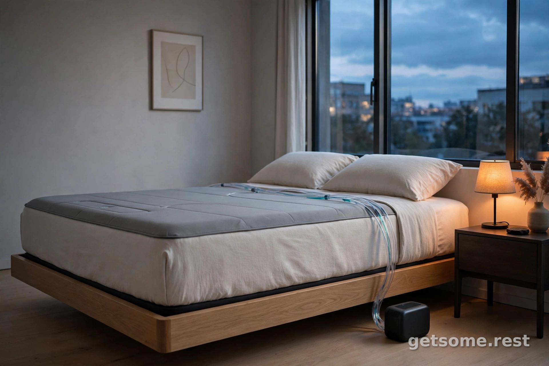Eight Sleep Pod 6 smart mattress cover system with a compact hub device under the bed frame in a modern bedroom at dusk
