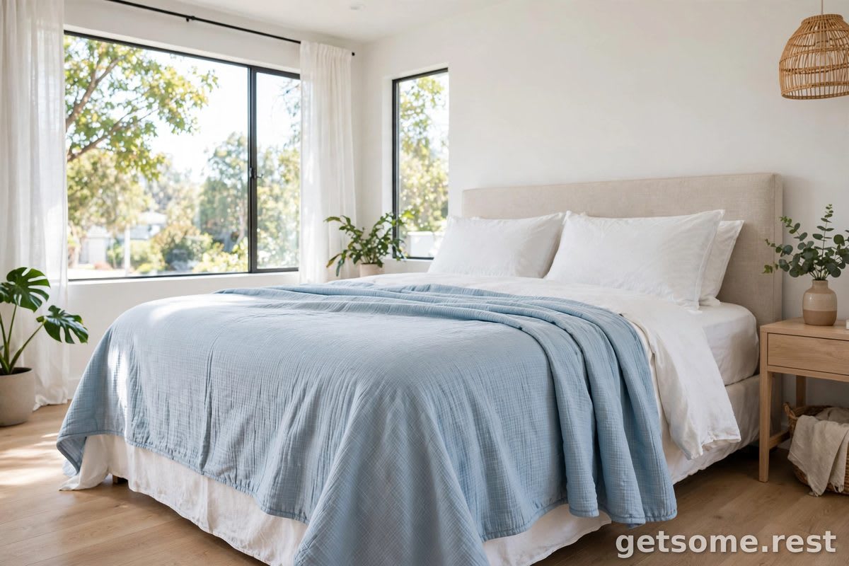 Light blue cooling blanket draped over a neatly made bed in a bright modern bedroom, crisp daylight