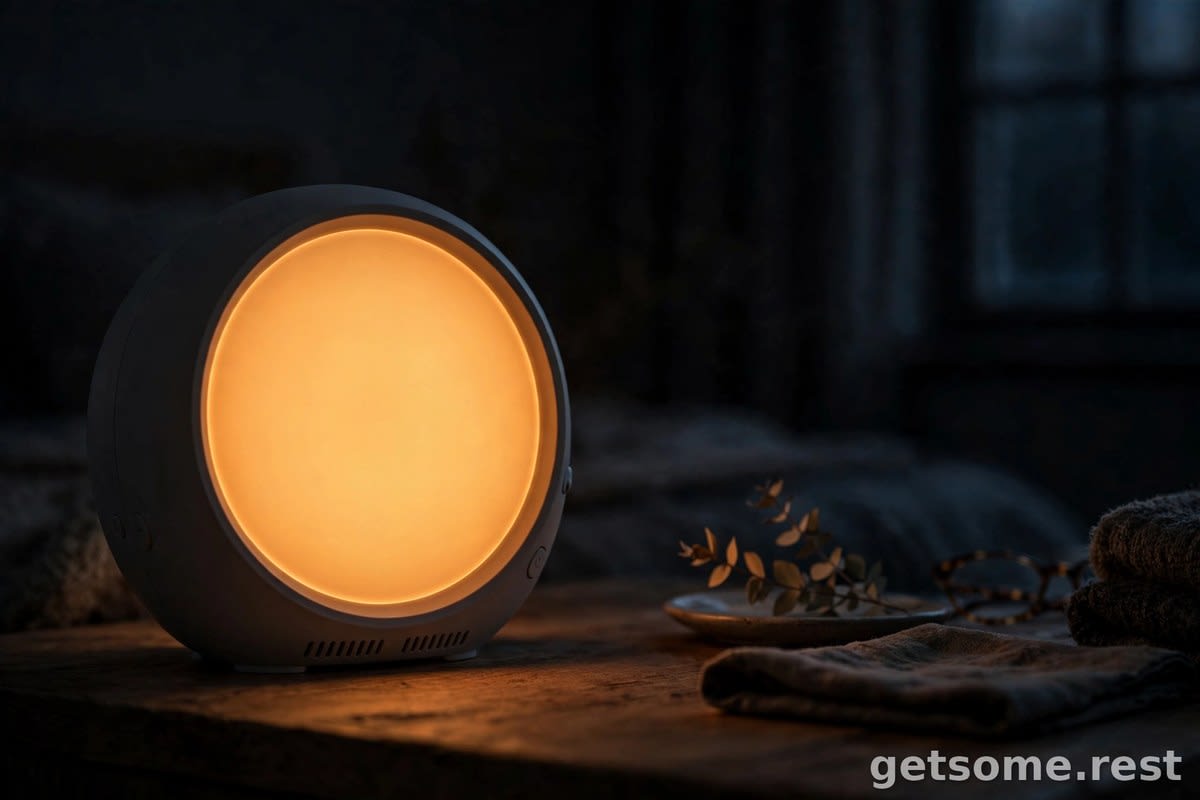 Close-up of a sunrise alarm clock glowing amber on a nightstand in a dark bedroom before dawn