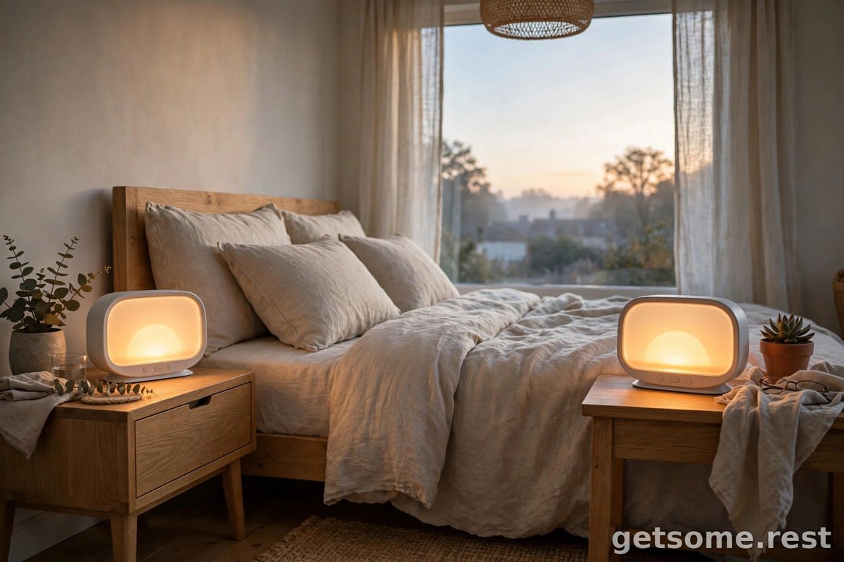 Two sunrise alarm clocks glowing warm on nightstands in a bedroom at dawn