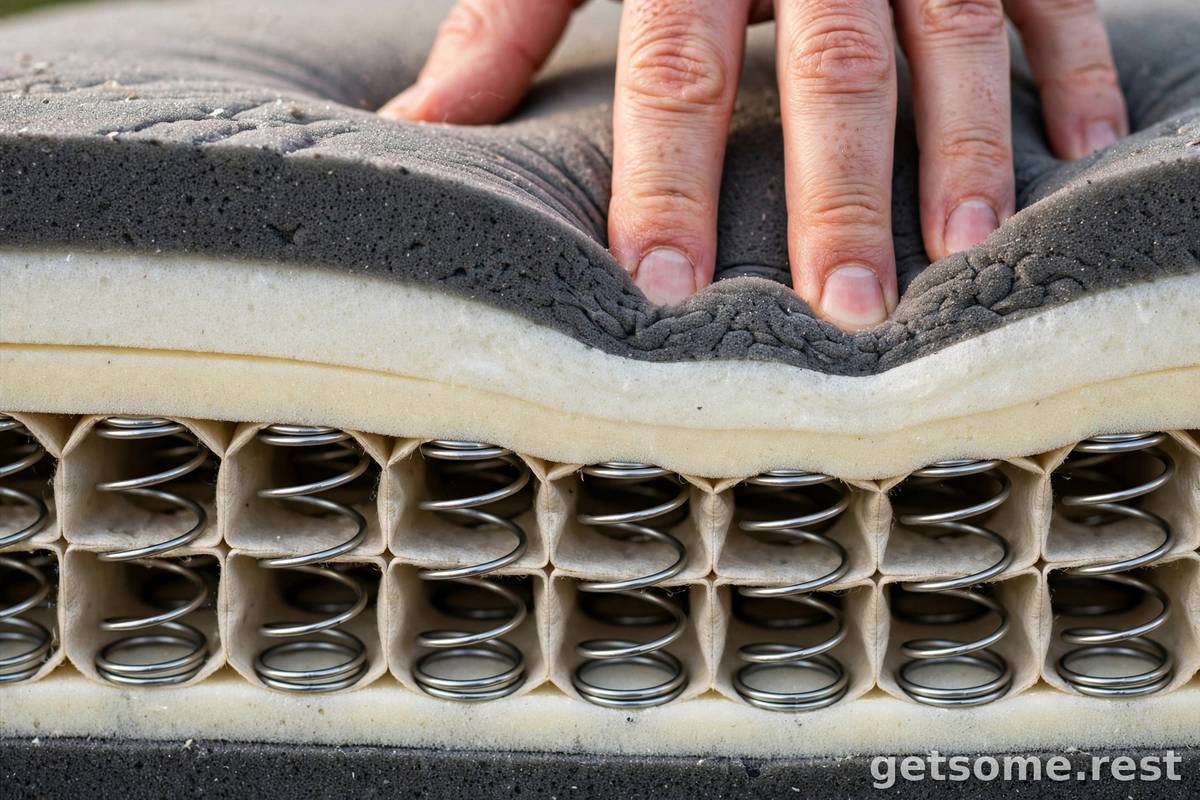Close-up of mattress coil springs and foam comfort layers with a hand pressing the surface