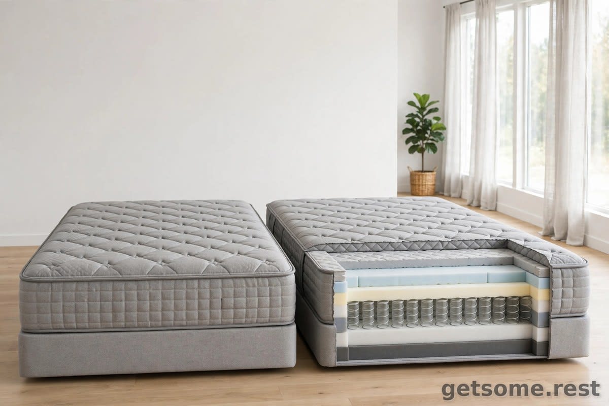 Two queen-size hybrid mattresses side by side in a bright bedroom showroom, layered cutaway visible on one