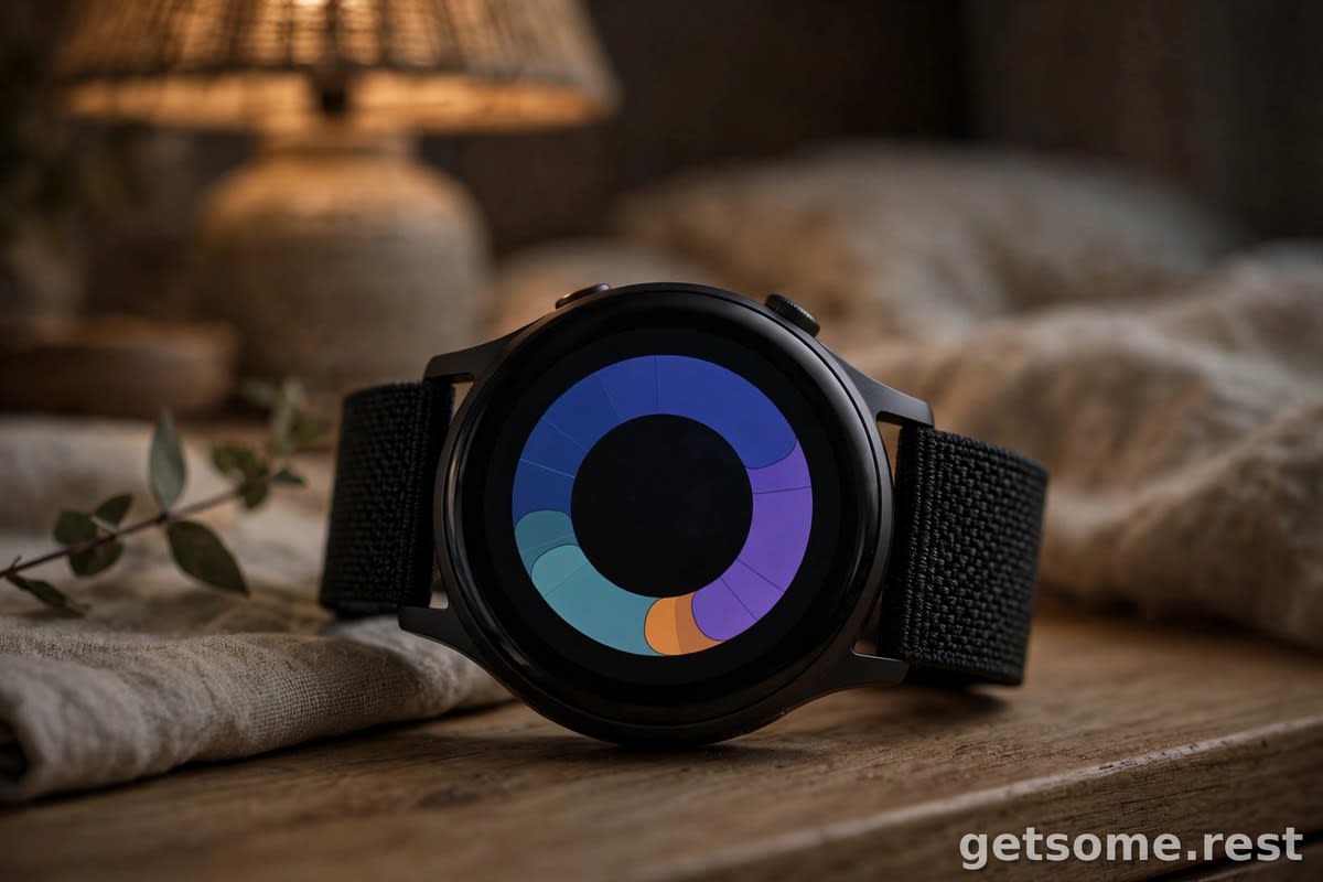 Close-up of a smartwatch showing sleep stage data on a bedside table in dim lamplight