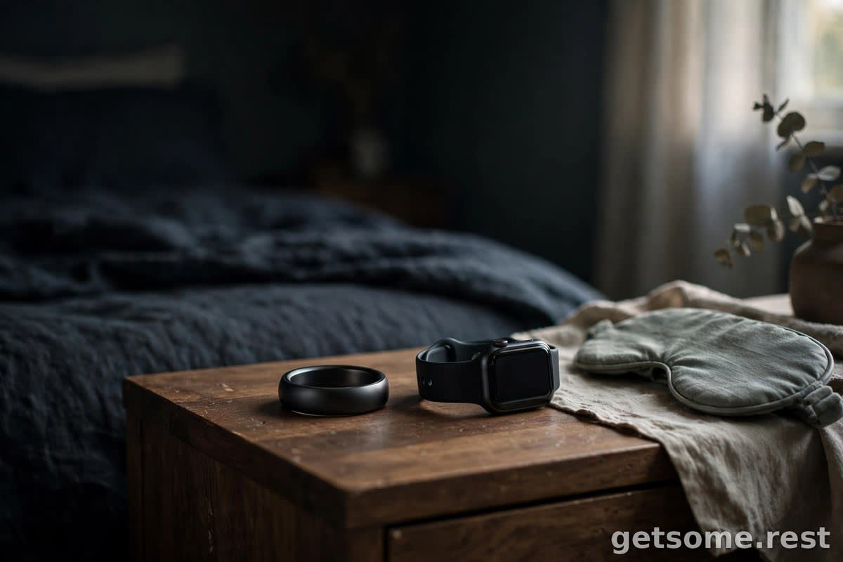 Smart ring and smartwatch resting on a nightstand in a dark bedroom, sleep tracking concept
