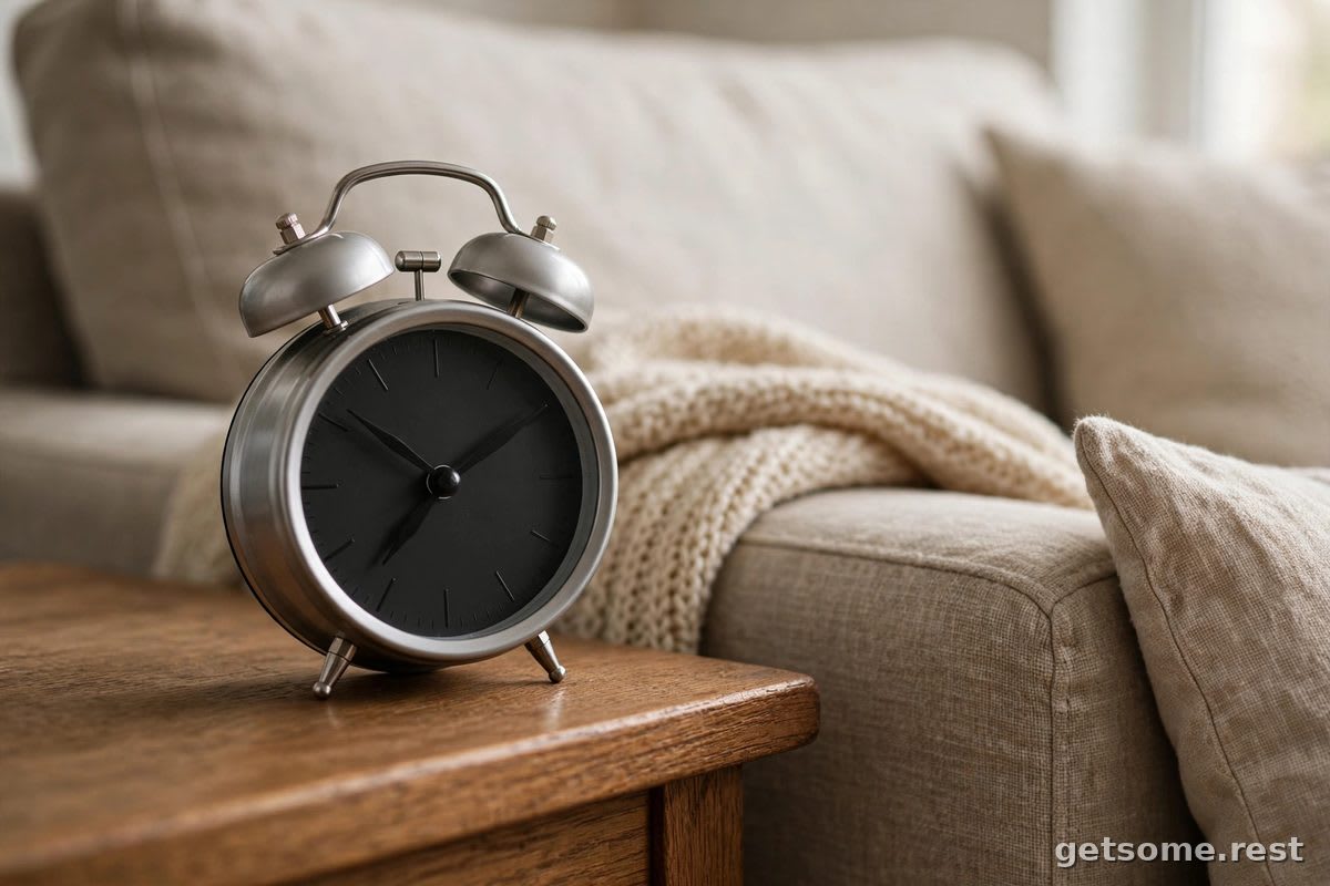 Alarm clock next to a napping person showing a short nap timer
