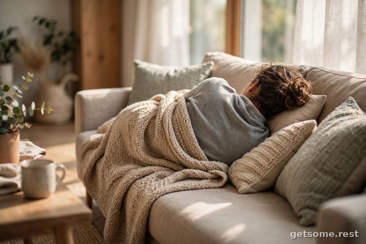 Person taking a short afternoon nap on a couch in soft daylight