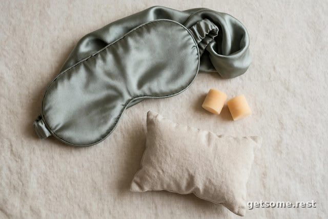 Manta Sleep Mask with contoured eye cups resting on a couch cushion