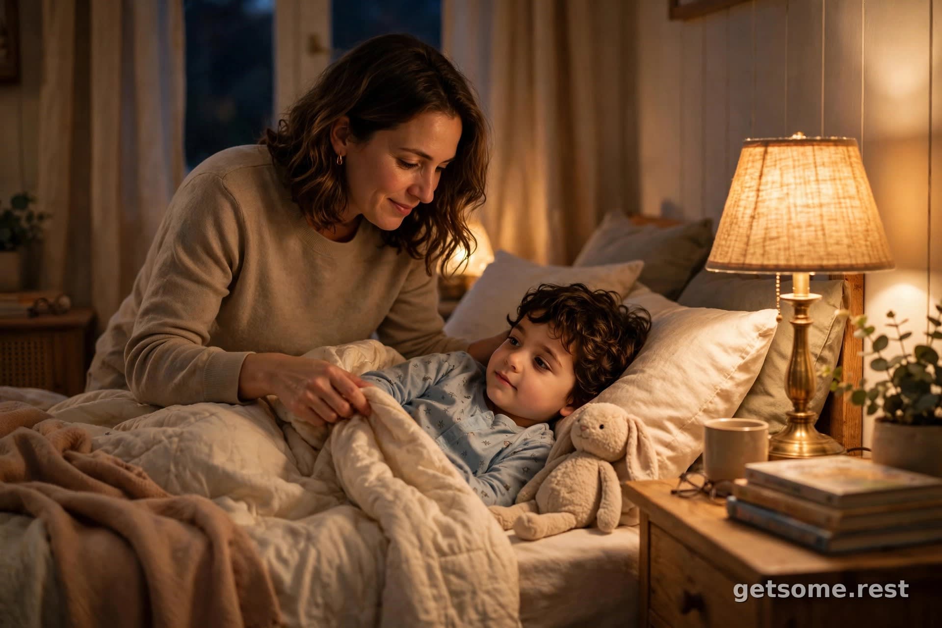 Parent tucking a child into bed at night under a warm bedside lamp