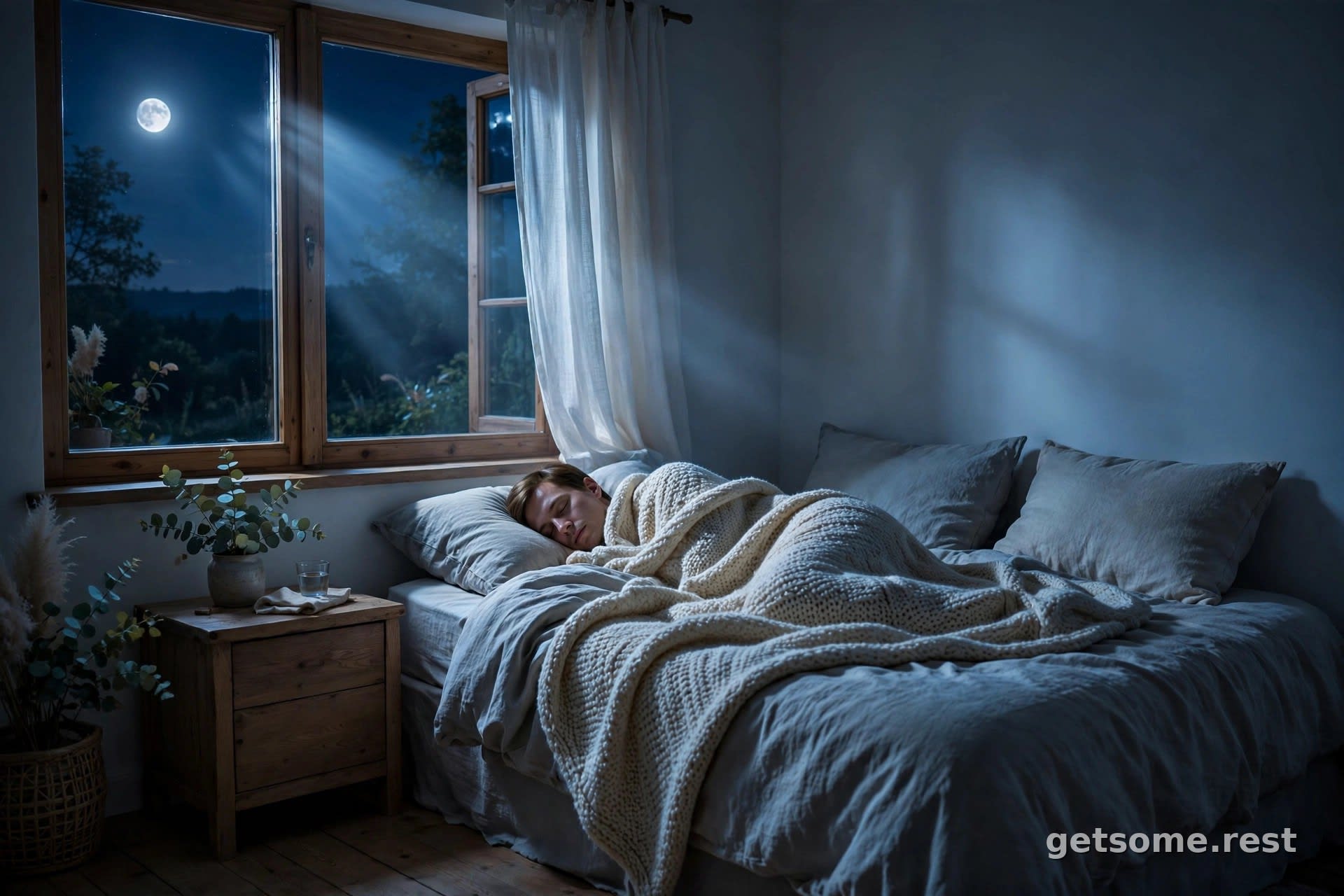 Person sleeping peacefully under a blanket in a moonlit bedroom