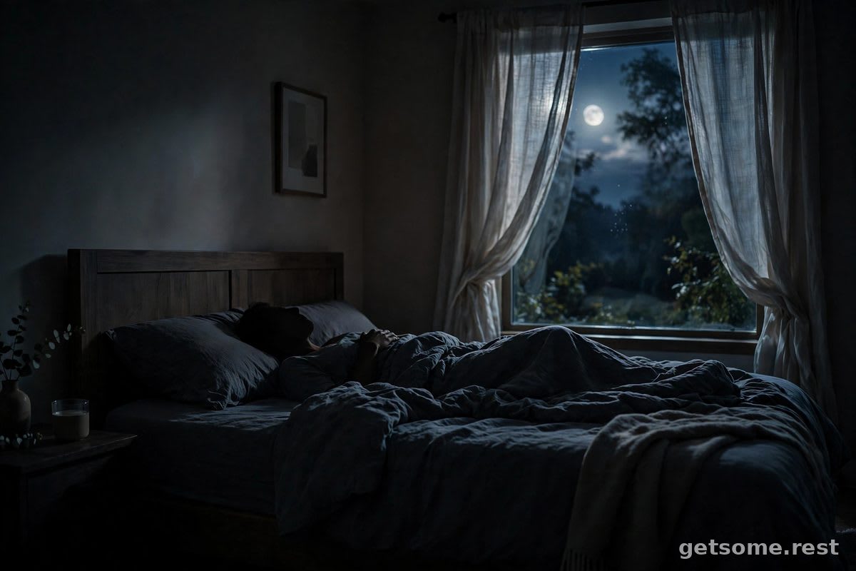 Person lying in a dark, calm bedroom wearing a sleep mask, drifting off to sleep