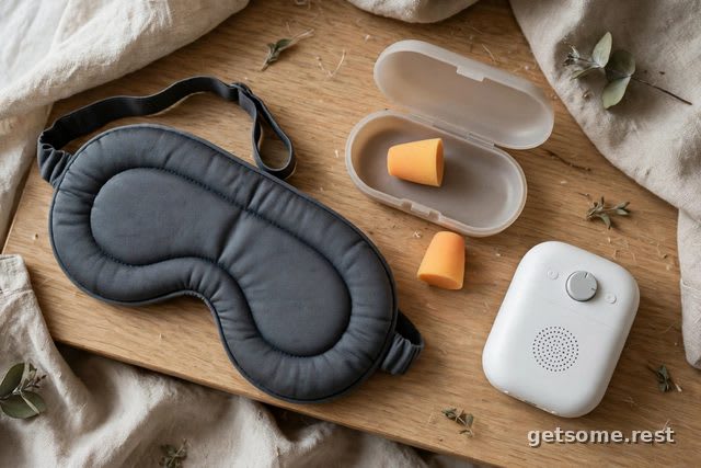 Manta Sleep Mask with contoured eye cups on a bedside table