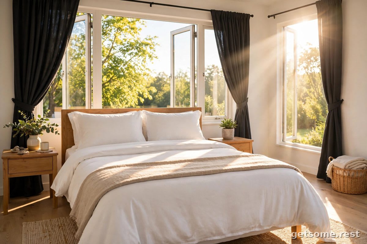 Bright bedroom with blackout curtains pulled open to morning sun