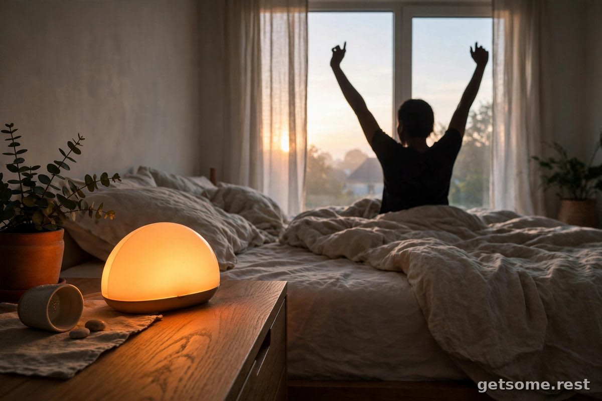 Sunrise alarm clock glowing as dawn fills a bedroom