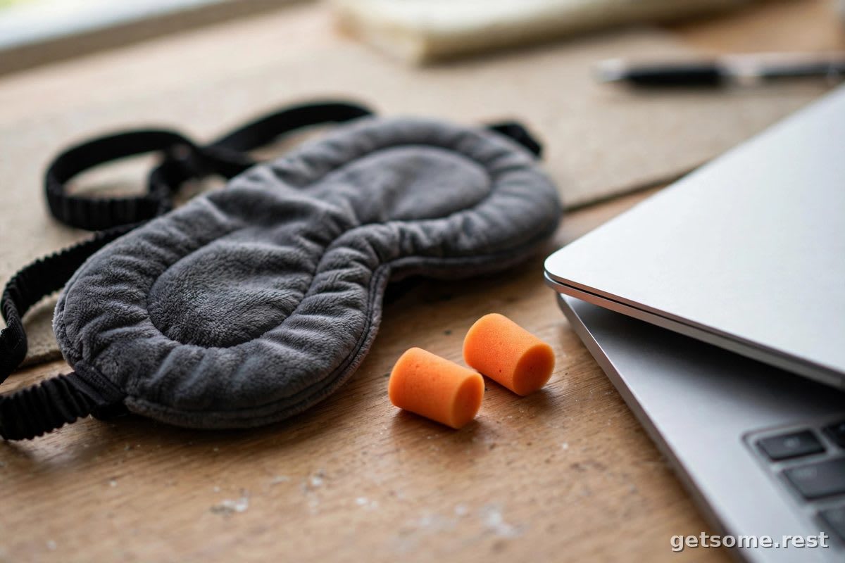 Desk drawer nap kit with a sleep mask, earplugs, and a neck pillow
