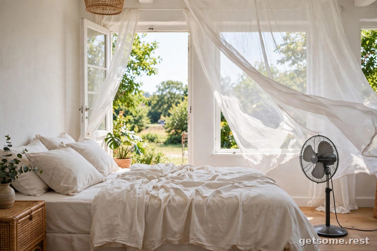 Summer bedroom with a standing fan and light cotton sheets
