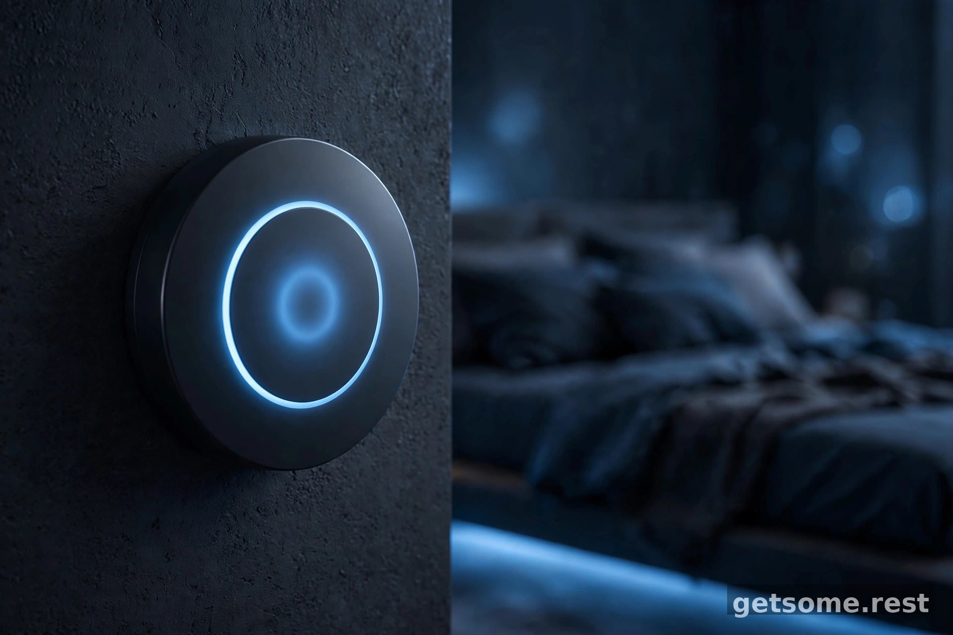 A sleek round wall thermostat glowing softly in a dark bedroom with cool blue accent lighting