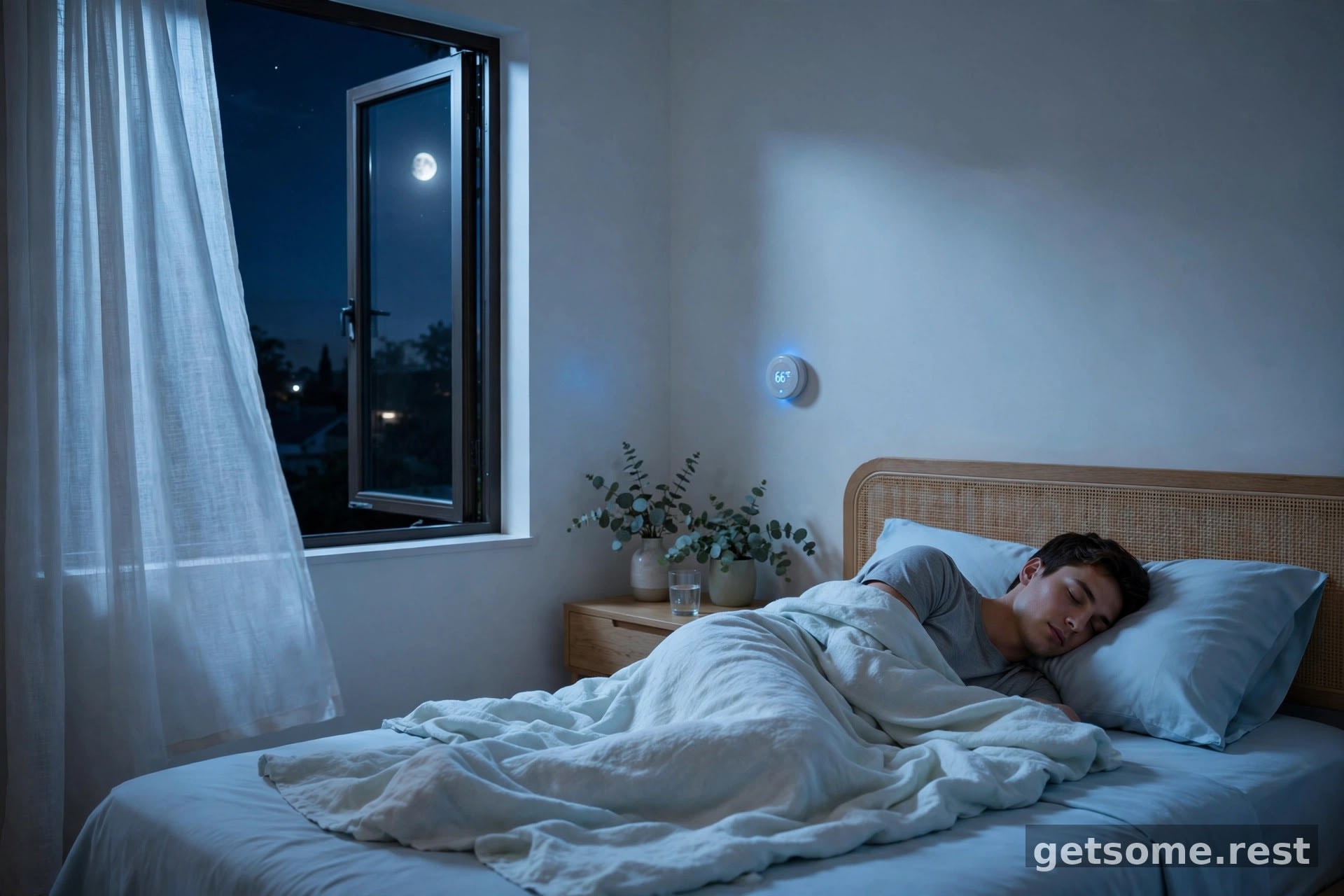 A person sleeping peacefully in a cool-toned bedroom with a faintly glowing wall thermostat