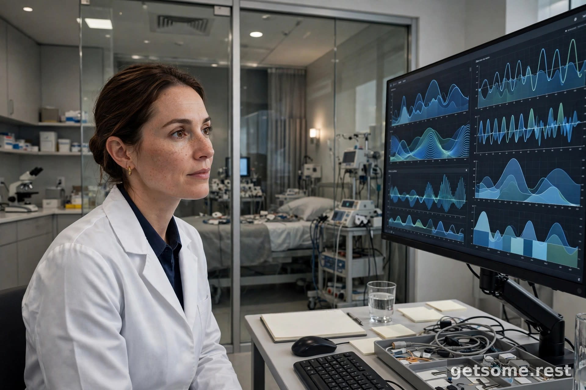 A sleep researcher reviewing sleep data on monitors in a modern sleep laboratory
