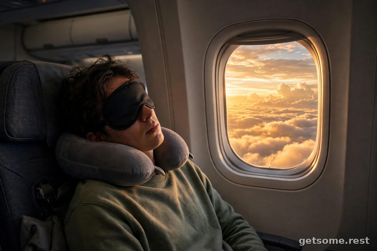 Airplane window at sunrise with a traveler resting