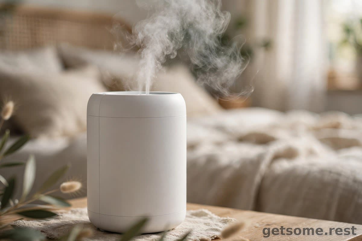 Close-up of a sleek cylindrical white humidifier emitting cool mist against a soft blurred bedroom background