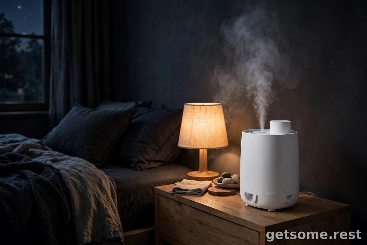 Modern white bedroom humidifier on a wooden nightstand releasing fine cool mist in a cozy dark bedroom at night