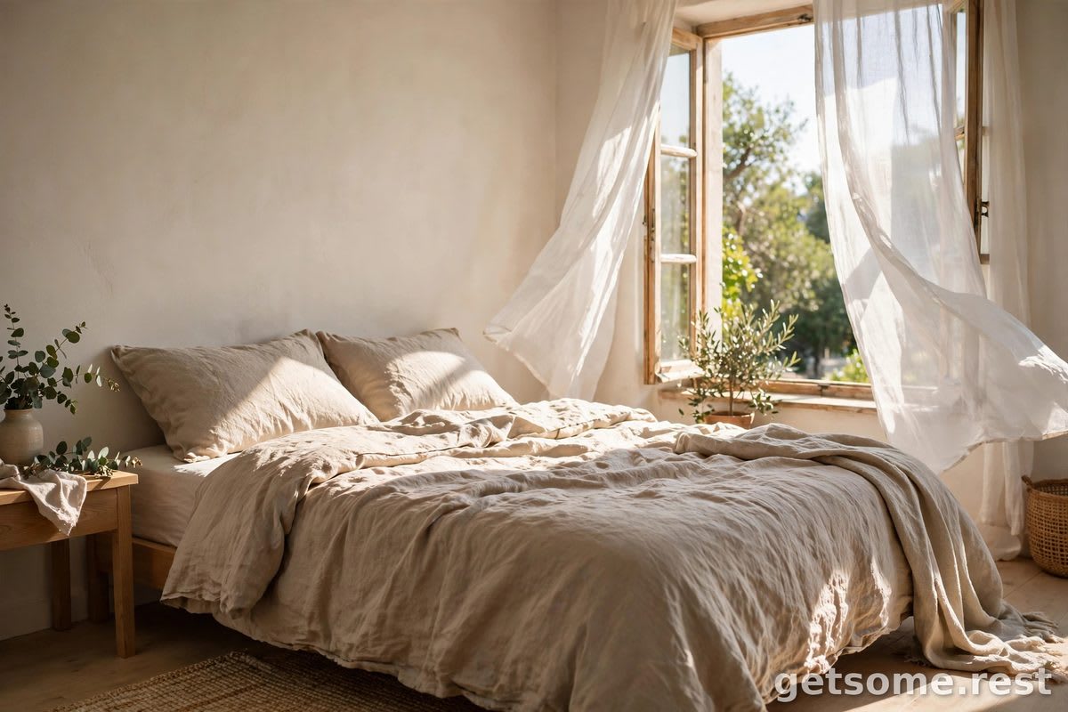 Sunlit bedroom with a neatly made bed in rumpled natural linen sheets beside an open window