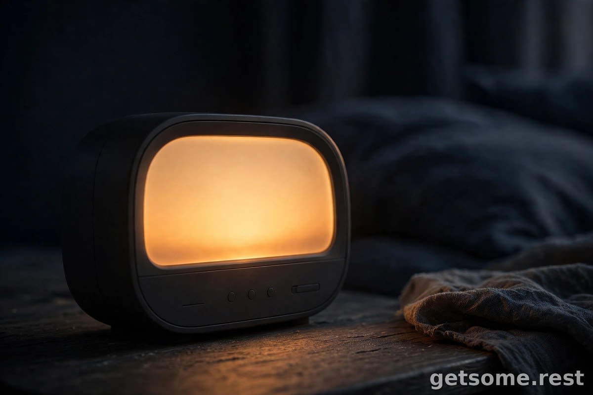 Close-up of a sunrise clock glowing warm in a dark bedroom