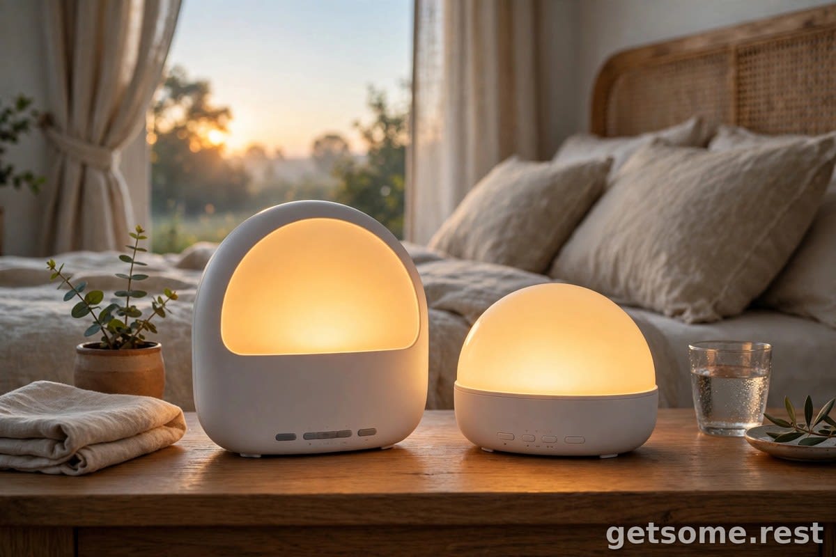 Two sunrise wake-up light clocks on a nightstand in a bedroom at dawn, warm glow
