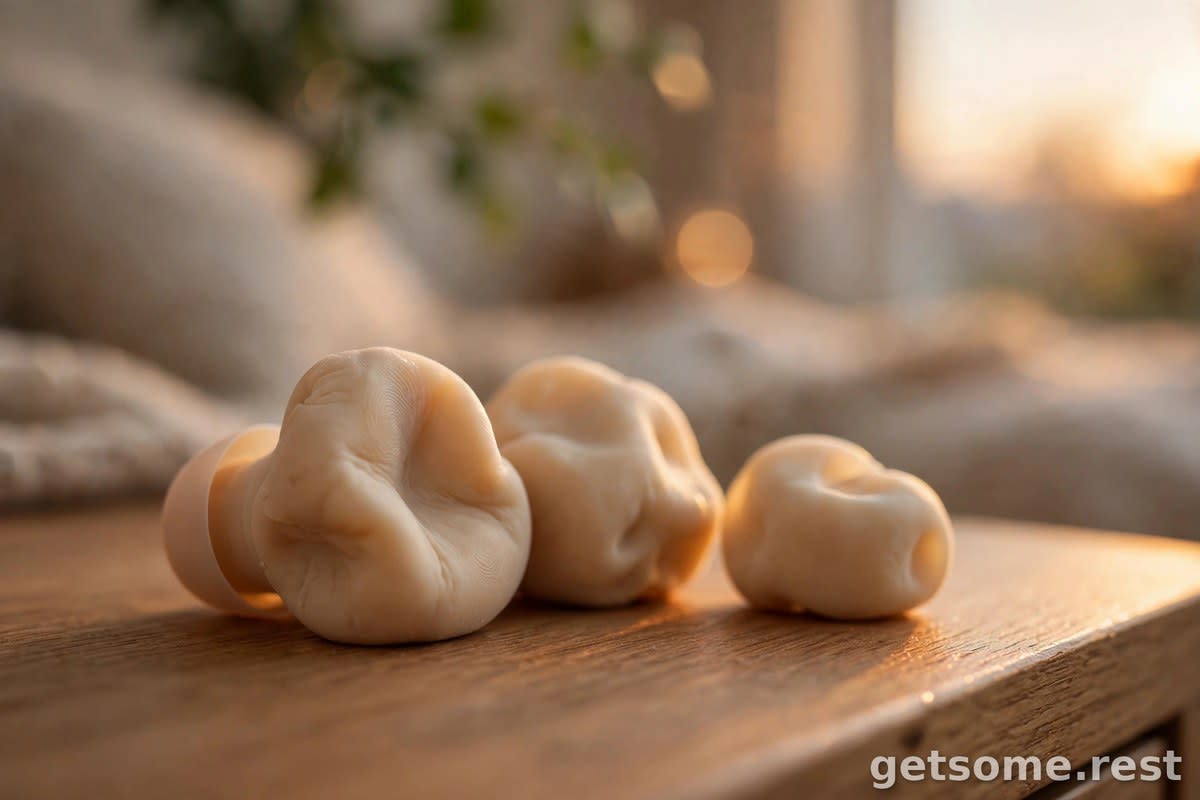 Macro close-up of soft moldable silicone earplugs resting on a nightstand with shallow depth of field