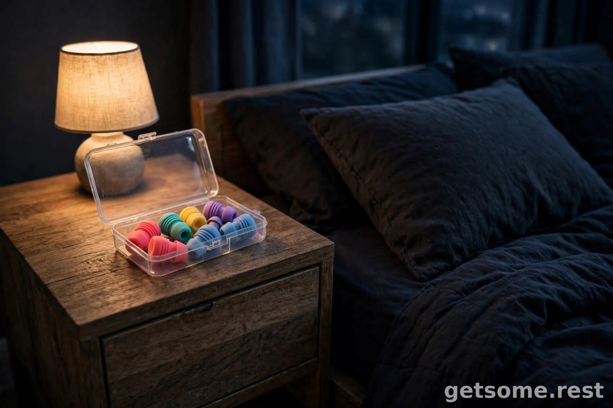 Colorful silicone earplugs in a clear case on a wooden nightstand beside a dark cozy bed at night