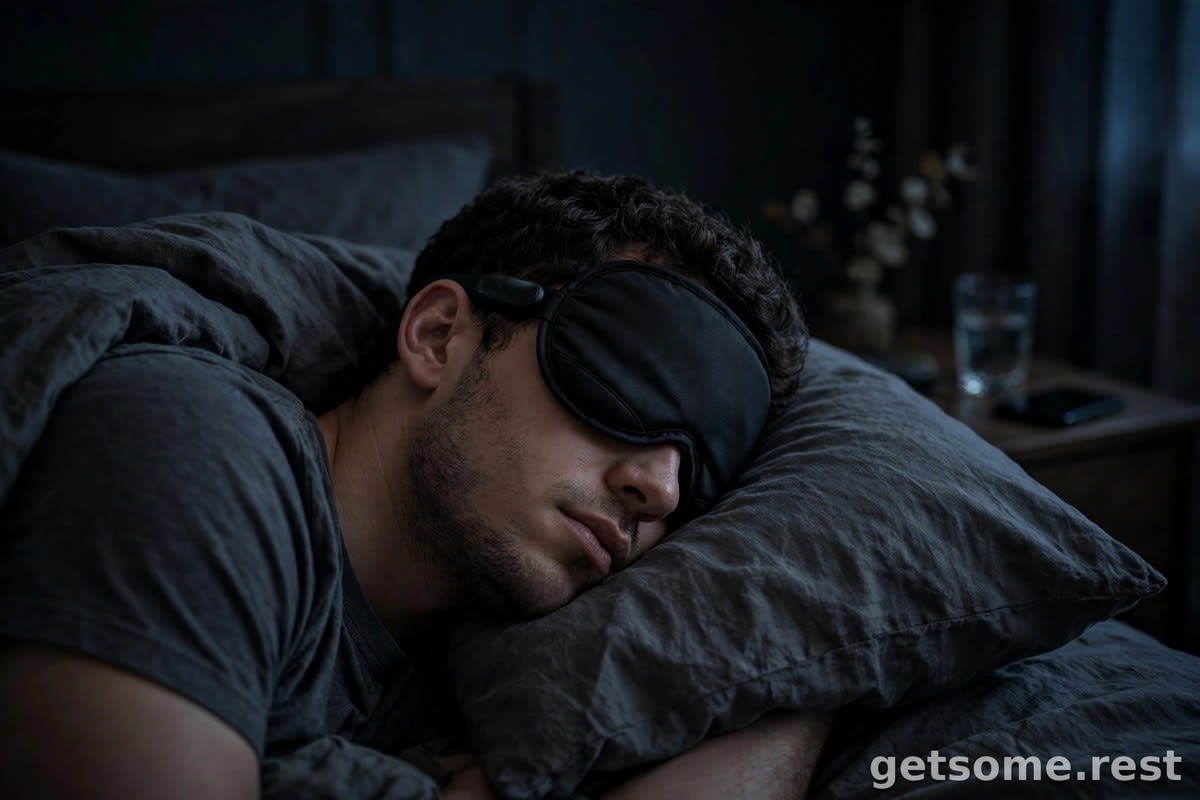 Person lying in bed on their side wearing a black Bluetooth sleep mask, dark room