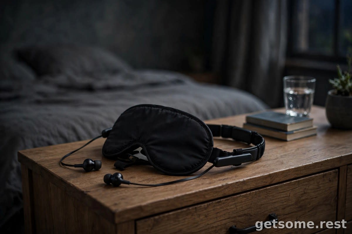 Black sleep mask with slim built-in headphones lying on a wooden nightstand in a dim bedroom