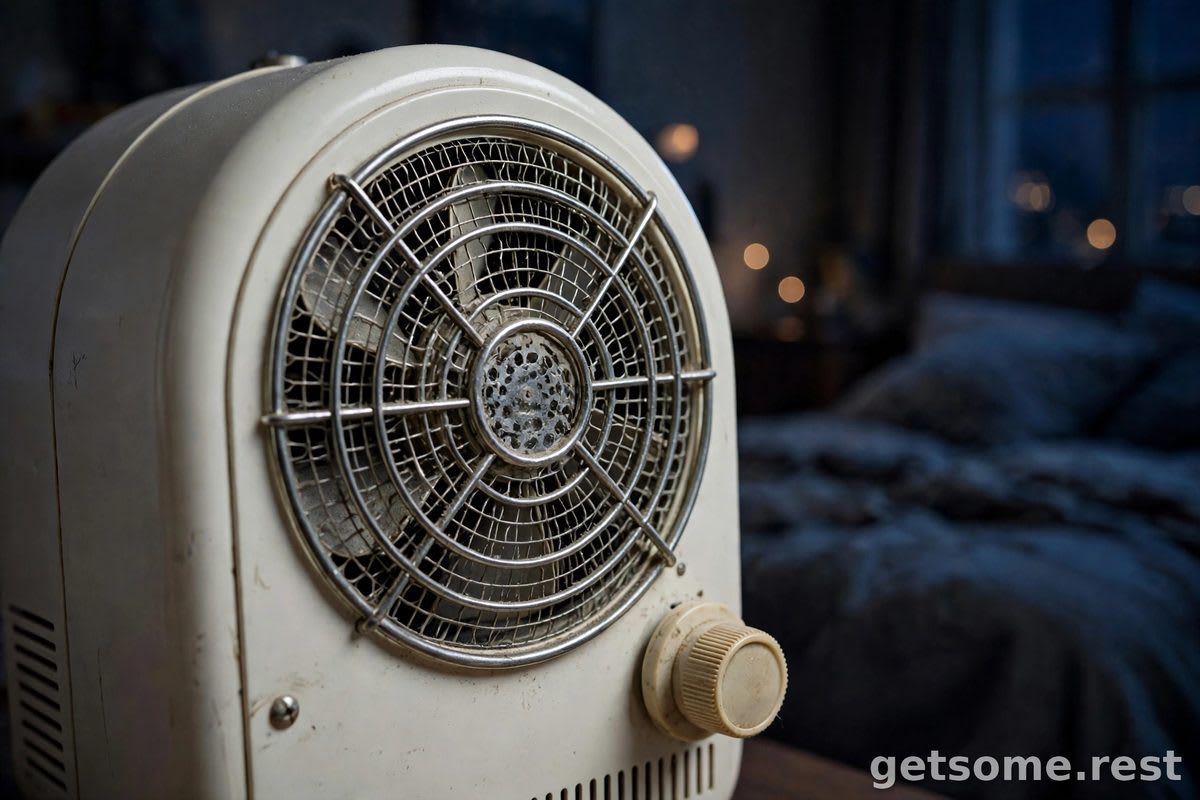 Close-up of a classic mechanical white noise machine with visible fan grille