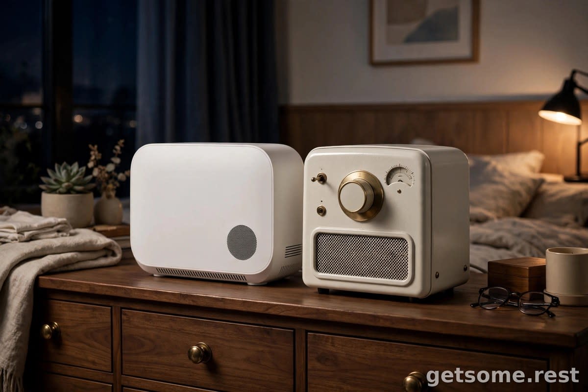 Two white noise machines on a bedroom dresser at night, one sleek modern and one classic mechanical