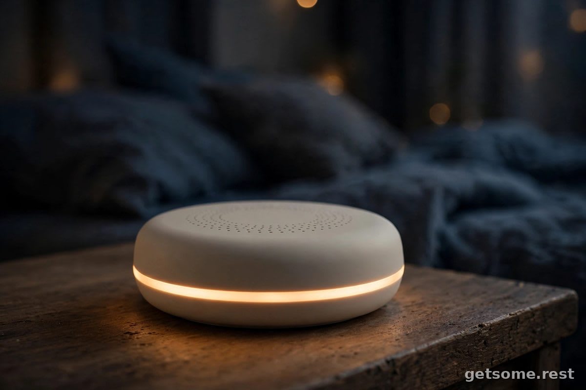 Close-up of a screenless sleep-tracking band and sleep earbuds charging case on a wooden nightstand