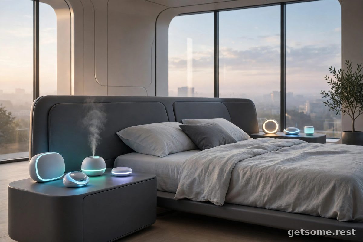 New sleep gadgets on a nightstand: a smart band, sleep earbuds and a glowing bedside lamp