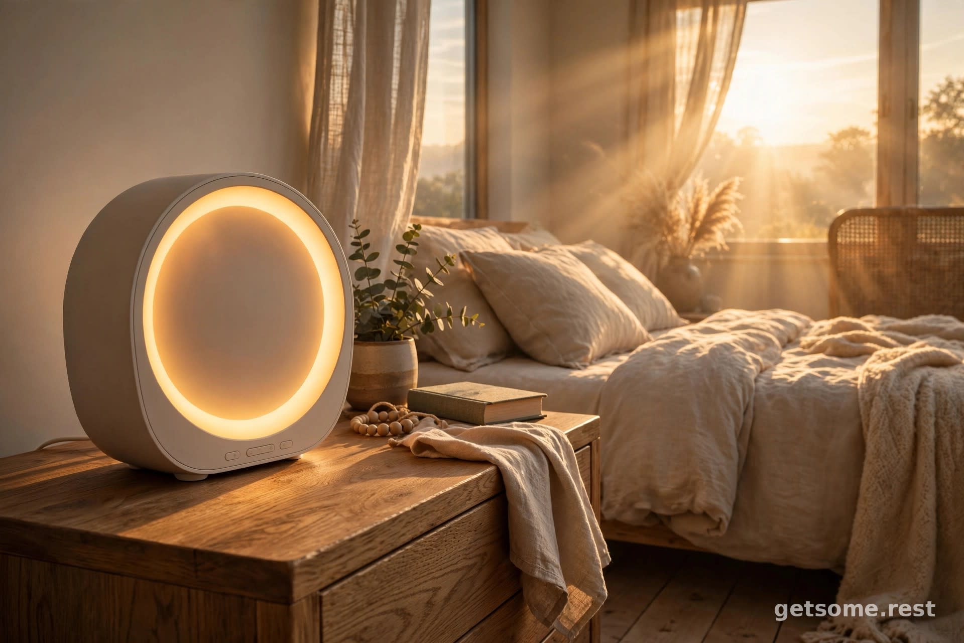 A modern sunrise alarm clock on a wooden nightstand glowing with warm amber light at dawn